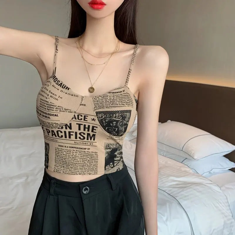 Women Push Up Camisole Padded Bra Sexy Top Suspender Tanks Fashion Printed Newspaper Camis Female Soft Sleeveless Tube Tops