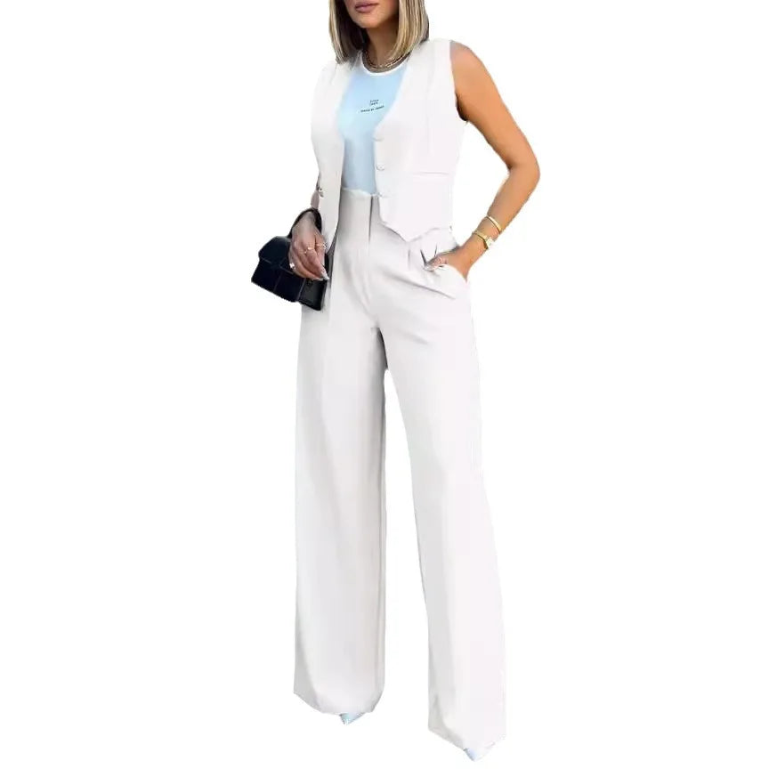 Women OL Blazer Pant Sets 2 Pieces Casual Slim Notched Cardigan Blazer Waistcoat&High Elastic Pocket Wide Leg Trousers Suits