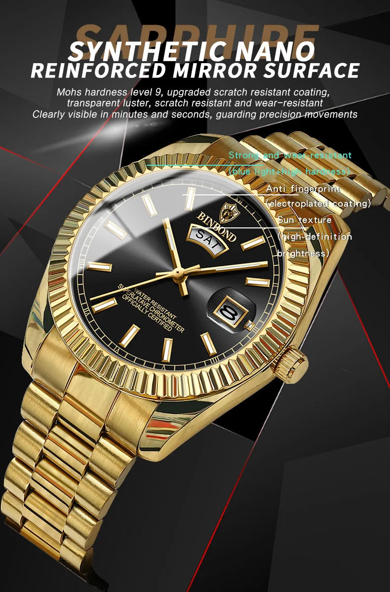 BINBOND B7012 Mens Fashion Business Sports Quartz Watch 30M Waterproof Luminous Classic Calendar Creative Clock Mens Wristwatch