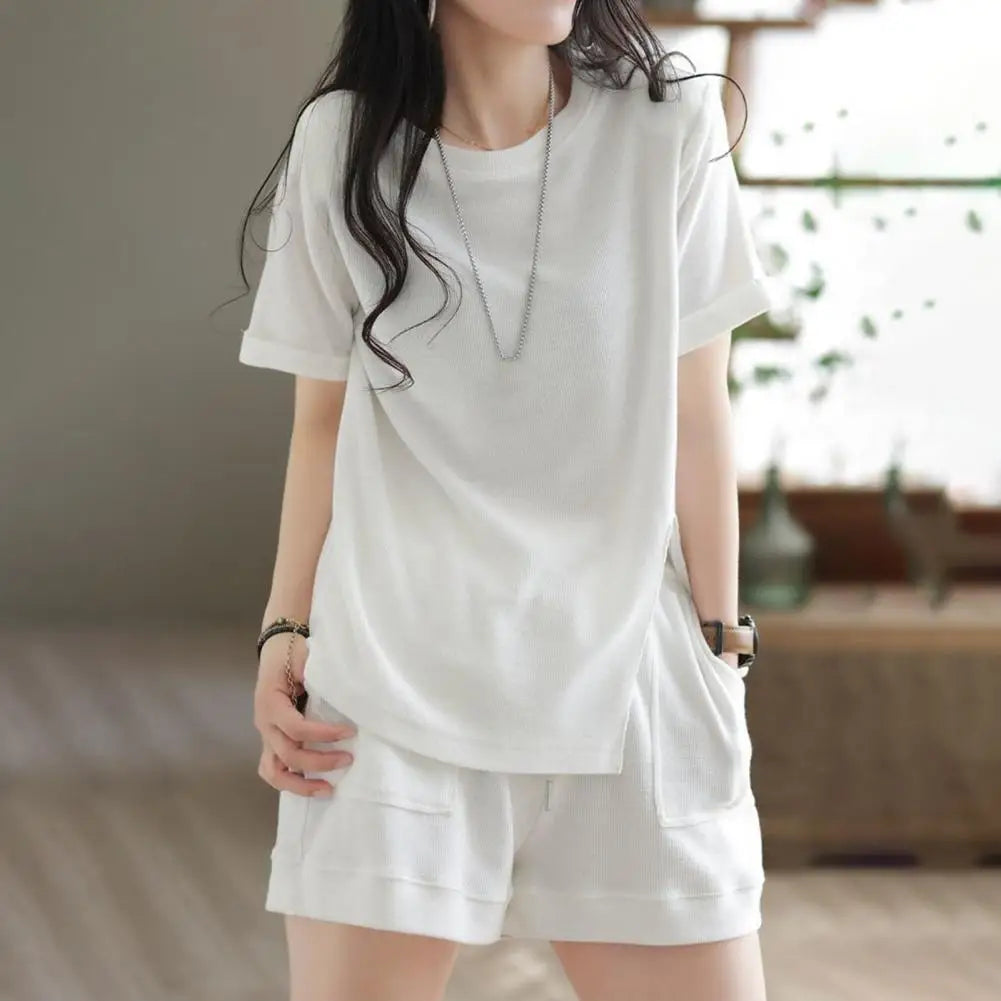 Casual Summer Top and Shorts Set for Women Tracksuit Two-piece Suit Female Sports Short Sleeve Wide Leg Solid Color Outfits