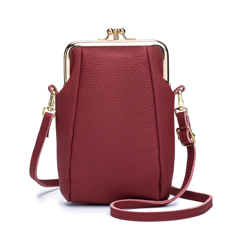 2024New Vintage Women Clip Bags Genuine Leather Mobile Phone Purse Bag Kiss Lock Crossbody Bags