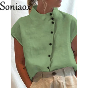 Elegant Cotton Linen Stand Neck Shirt Female 2023 Summer Simple Style Single-breasted Cardigan Tops Women's Casual Loose Blouse
