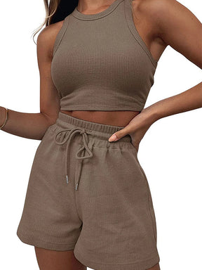 2024 Summer New Sleeveless Waffle Elegant Women's Sets Solid Color Sexy Waist Vest Casual Tethered Shorts Female's Two-Piece Set