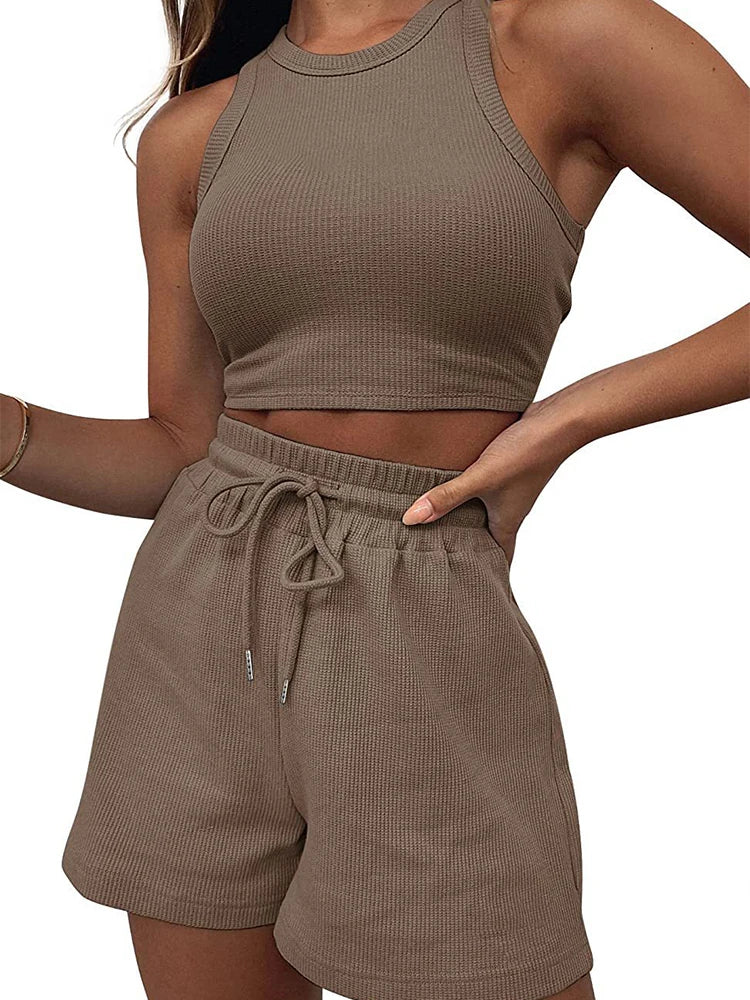 2024 Summer New Sleeveless Waffle Elegant Women's Sets Solid Color Sexy Waist Vest Casual Tethered Shorts Female's Two-Piece Set