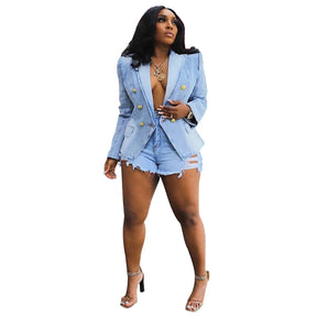 Women New Slim Double-Breasted Button Denim Jacket Coat Slim Long Sleeve Autumn Ripped Fashion Jacket Blazer