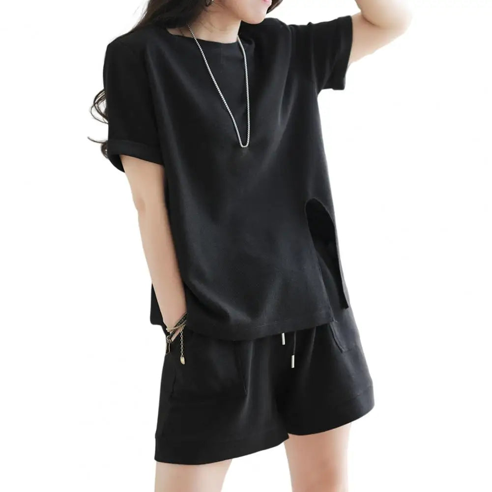 Casual Summer Top and Shorts Set for Women Tracksuit Two-piece Suit Female Sports Short Sleeve Wide Leg Solid Color Outfits