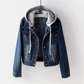 Denim Coat Women Hooded Full Sleeve Regular Splice Short Coats Slim Fit Solid Office Ladies Casual Jackets Outerwear 2024