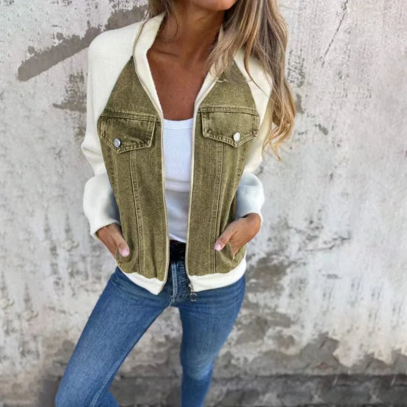 Autumn Winter New Denim Patchwork Jacket Coat For Women'S Casual Fashion Shoulder Rubbing Long Sleeve V Neck Denim Jacket Female