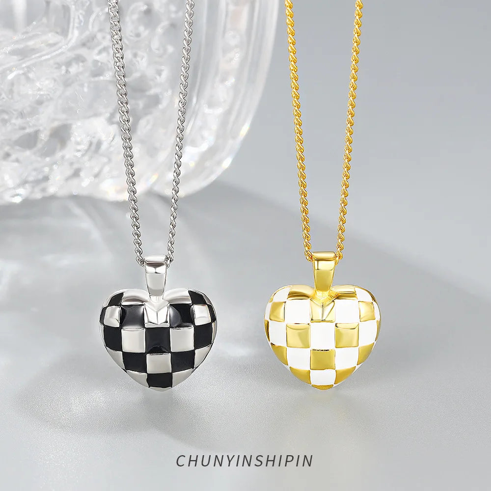 Classic S925 Sterling Silver Black and White Checkered Love Heart Necklace-Unique Nordic Style Jewelry