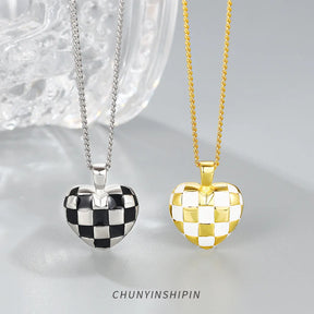 Classic S925 Sterling Silver Black and White Checkered Love Heart Necklace-Unique Nordic Style Jewelry