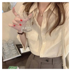 Korea One Pocket Loose Blouse Ins Summer French Sle Single-Breasted Round Neck Lace clothing Design sense fold Shirts Top