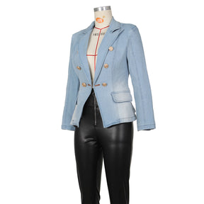 Women New Slim Double-Breasted Button Denim Jacket Coat Slim Long Sleeve Autumn Ripped Fashion Jacket Blazer