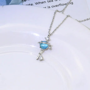 Blue Planet Meteor Shower Key Pendant Necklace Tiny Silver Color Clavicle Chain Collar for Women Friendship Jewelry