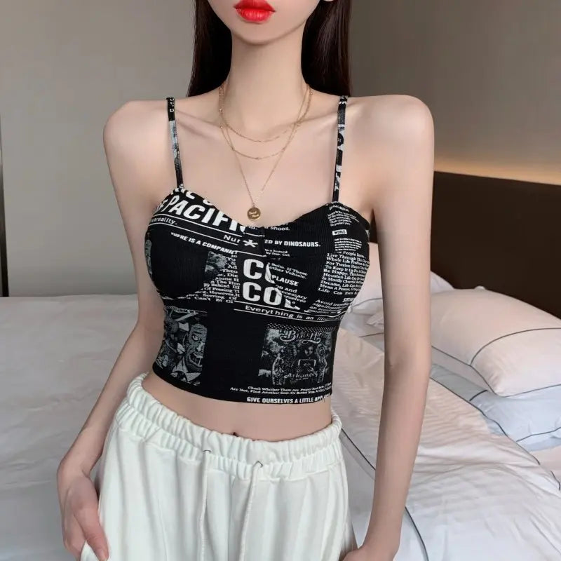 Women Push Up Camisole Padded Bra Sexy Top Suspender Tanks Fashion Printed Newspaper Camis Female Soft Sleeveless Tube Tops
