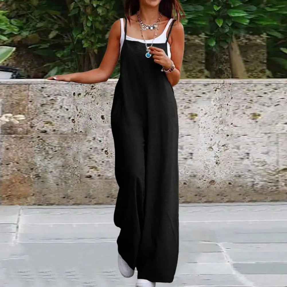 Summer Women Jumpsuit Backless Sleeveless Spaghetti Strap Wide Leg Lady Jumpsuit Deep Crotch Pockets Full Length Female Jumpsuit