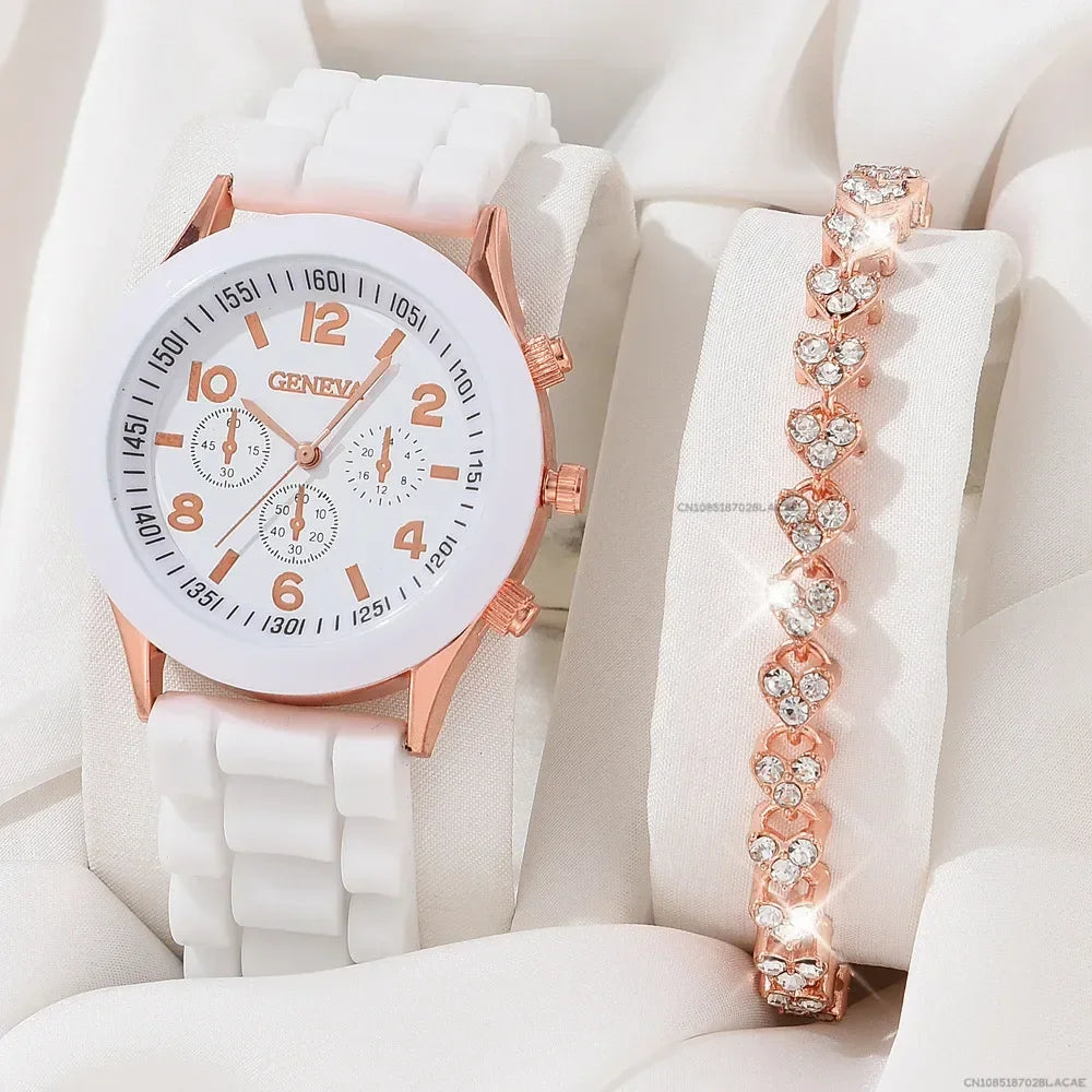 6PCS/Set Women's Watches Casual Silicone Band Analog Quartz Watch Heart Pearls Jewelry Set(Without Box)