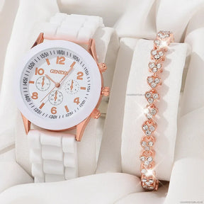 6PCS/Set Women's Watches Casual Silicone Band Analog Quartz Watch Heart Pearls Jewelry Set(Without Box)