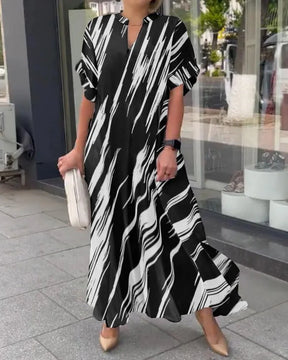 Summer Women's Striped Dress Shirt Black V-neck Loose Fashion Street Vacation Red Long Skirt