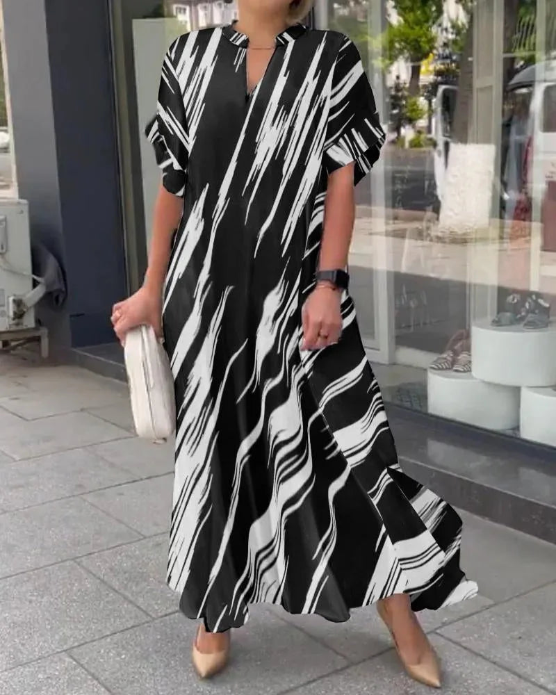 Summer Women's Striped Dress Shirt Black V-neck Loose Fashion Street Vacation Red Long Skirt
