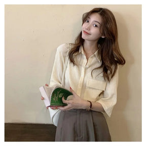 Korea One Pocket Loose Blouse Ins Summer French Sle Single-Breasted Round Neck Lace clothing Design sense fold Shirts Top
