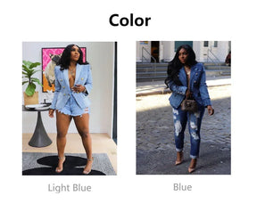 Women New Slim Double-Breasted Button Denim Jacket Coat Slim Long Sleeve Autumn Ripped Fashion Jacket Blazer